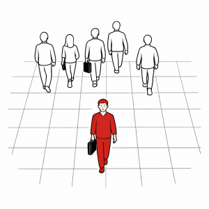 Human figure breaking free from a crowd