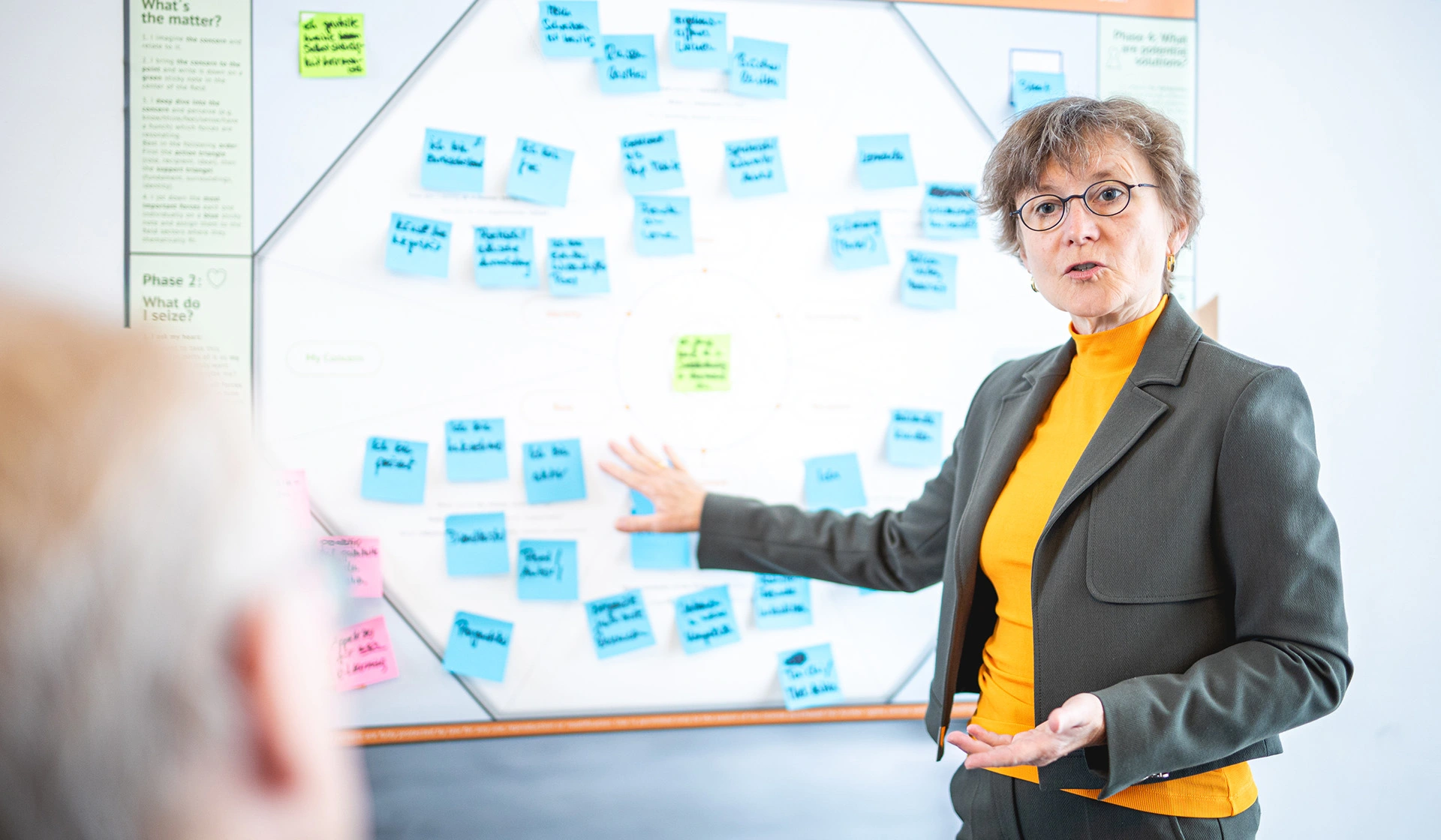 Facilitator leading workshop with sticky notes on wall