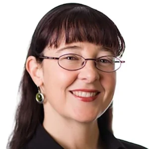 Portrait of a woman with dark hair and red lipstick