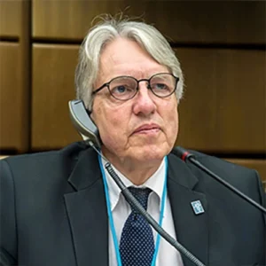 Male speaker during conference panel discussion